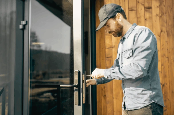 Door technician servicing the mortise lock and lever on a glazed commercial storefront entry door